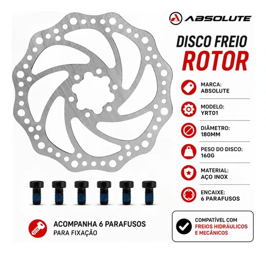 DISCO FREIO ABSOLUTE ROTOR 180MM INOX 6 PARAFUSOS