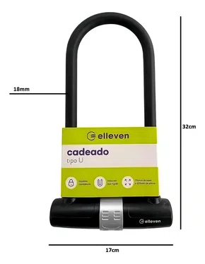ELLEVEN CADEADO U BIKE AÇO 32CM X 17CM TRAVA CHAVE PRETO